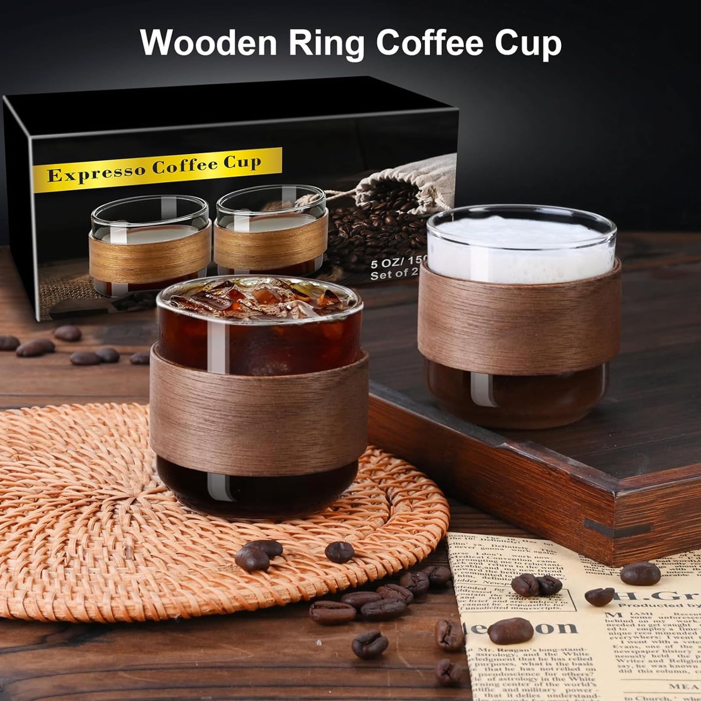 PARACITY Espresso Cups, 5 oz Espresso Shot Cups with Wooden Ring, Set of 2