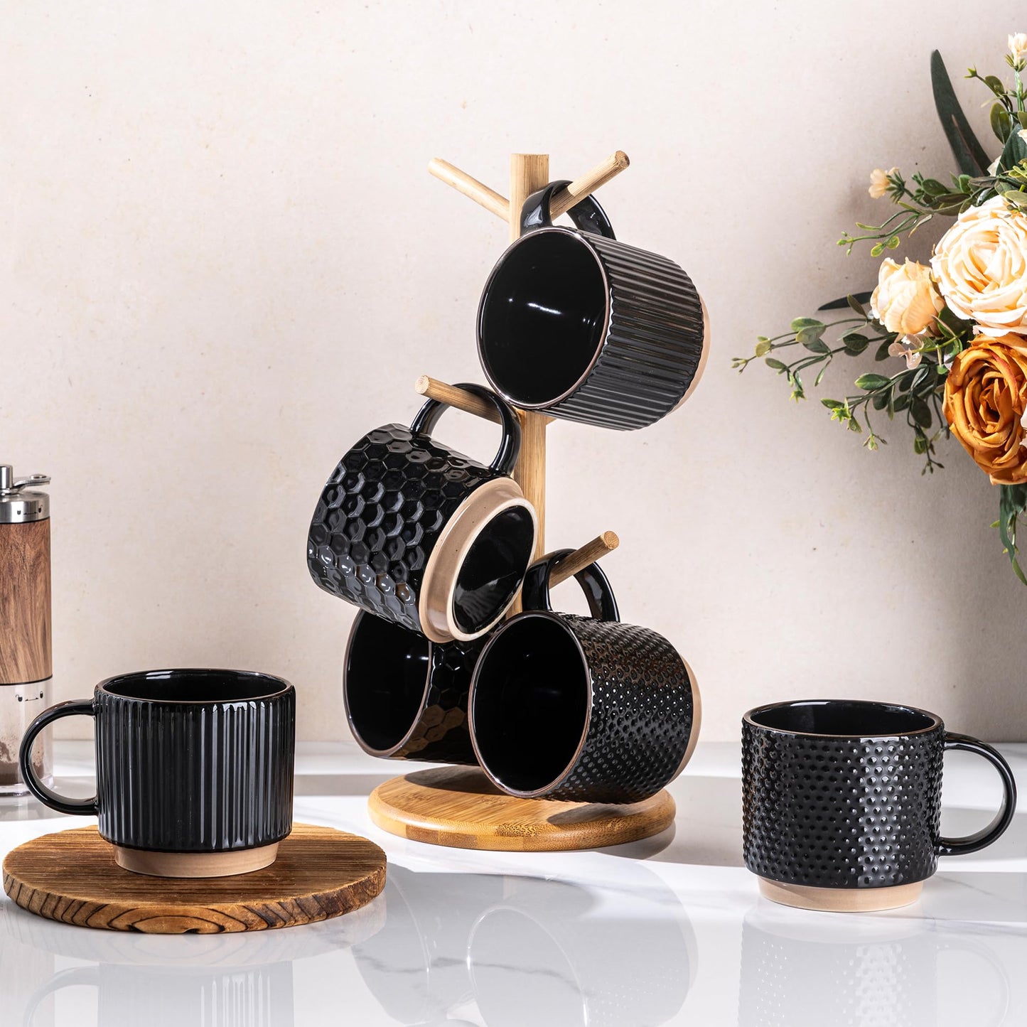 GBhome 12 OZ Stackable Coffee Mugs Set of 6, Ceramic Black Coffee Cups Set