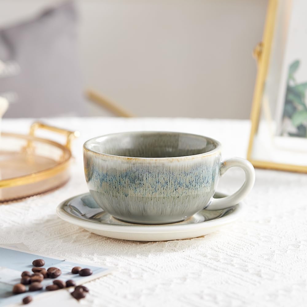 Coffeezone Vintage Design 12 oz Ceramic Latte Art Cappuccino Barista Cup with Saucer (Space Grey)