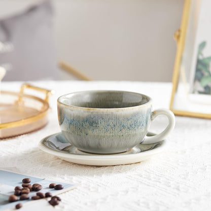 Coffeezone Vintage Design 12 oz Ceramic Latte Art Cappuccino Barista Cup with Saucer (Space Grey)