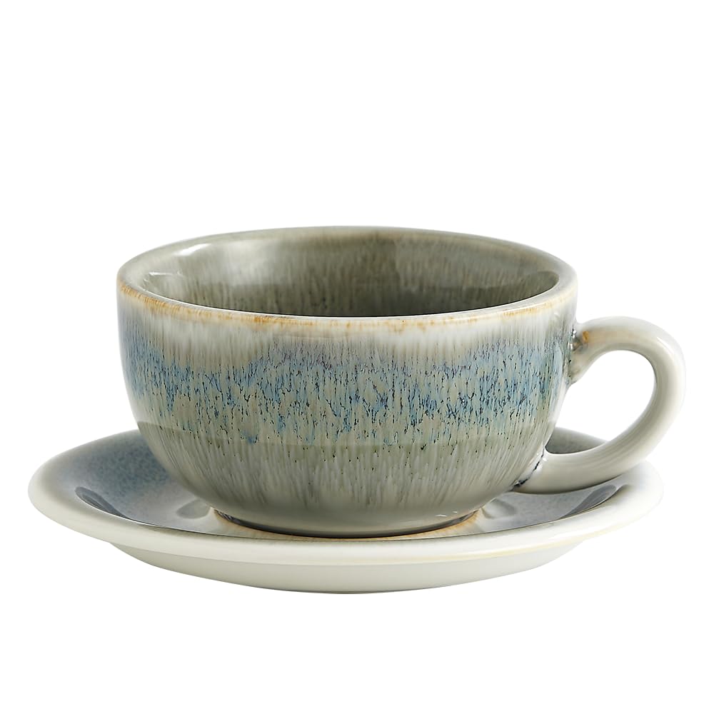 Coffeezone Vintage Design 12 oz Ceramic Latte Art Cappuccino Barista Cup with Saucer (Space Grey)