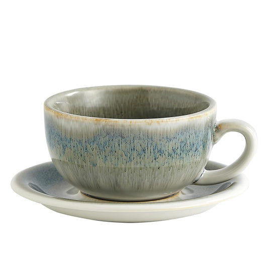 Coffeezone Vintage Design 12 oz Ceramic Latte Art Cappuccino Barista Cup with Saucer (Space Grey)