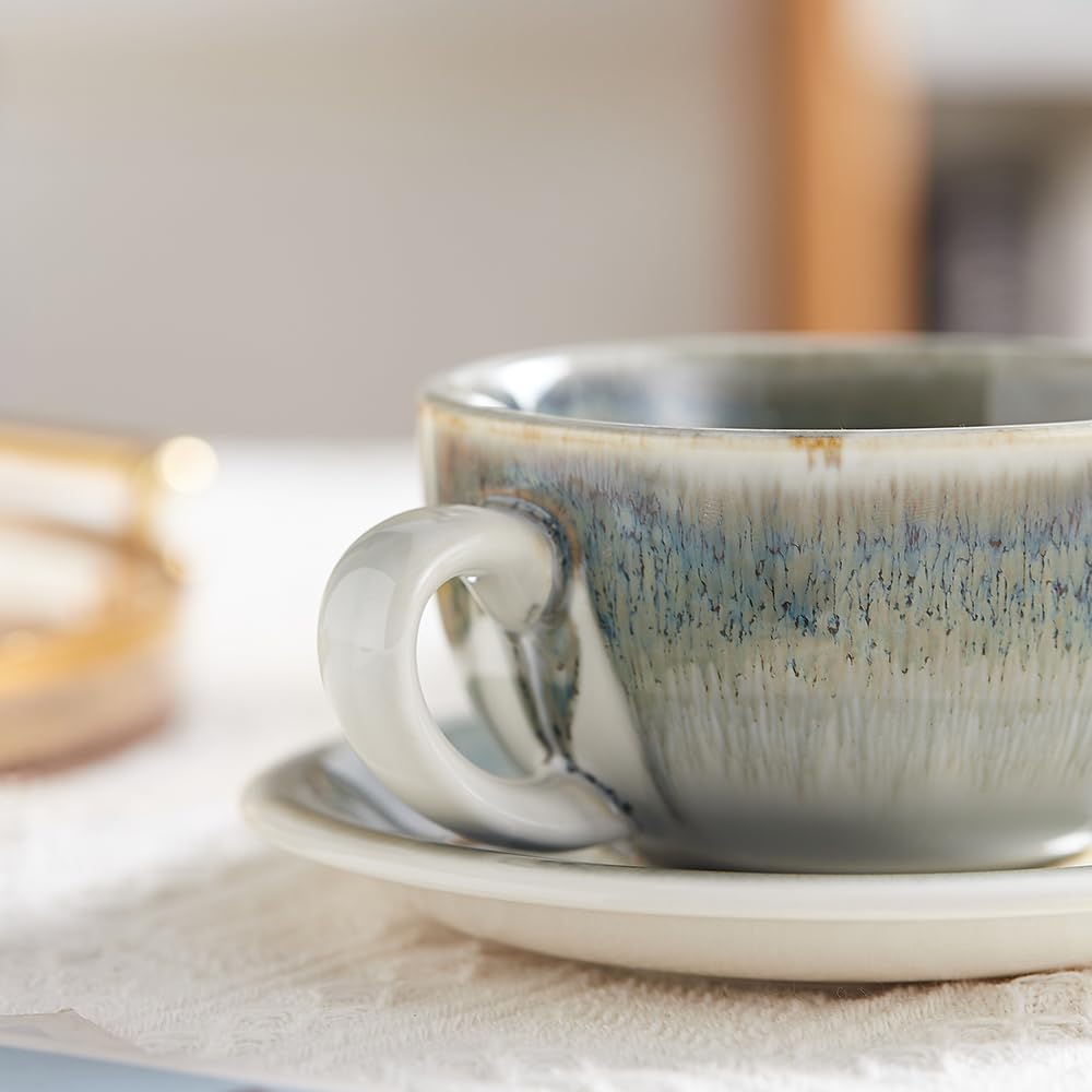 Coffeezone Vintage Design 12 oz Ceramic Latte Art Cappuccino Barista Cup with Saucer (Space Grey)