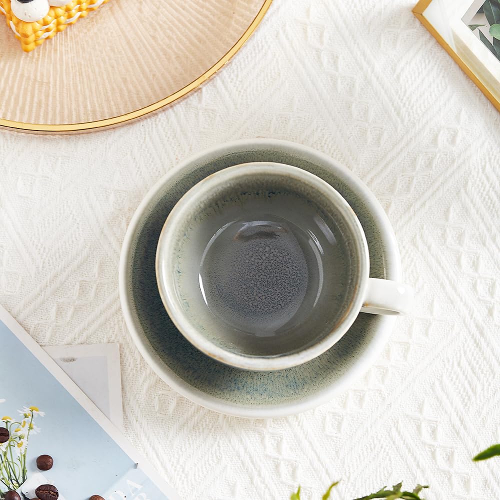 Coffeezone Vintage Design 12 oz Ceramic Latte Art Cappuccino Barista Cup with Saucer (Space Grey)