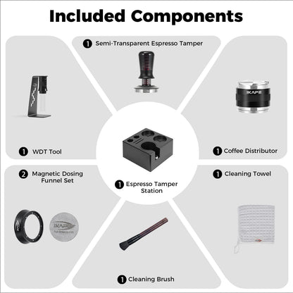 IKAPE 58mm Black Espresso Tool Set 8 IN 1, Coffee Tamper, Distributor, Magnetic Funnel, Puck Screen, Tamper Station, Stirrer Distribution Tool, Cleaning Towel and Brush