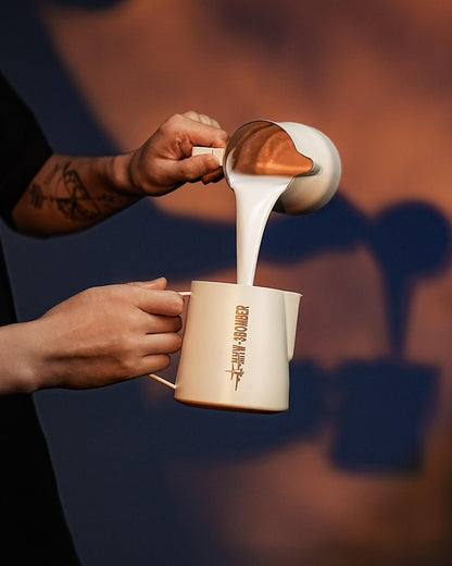 MHW-3BOMBER Latte Art Pitcher Stainless Steel Milk Frothing Pitcher Steamed Espresso Cup Barista Essentials (Cream White, 16.9oz/500ml) P5020W