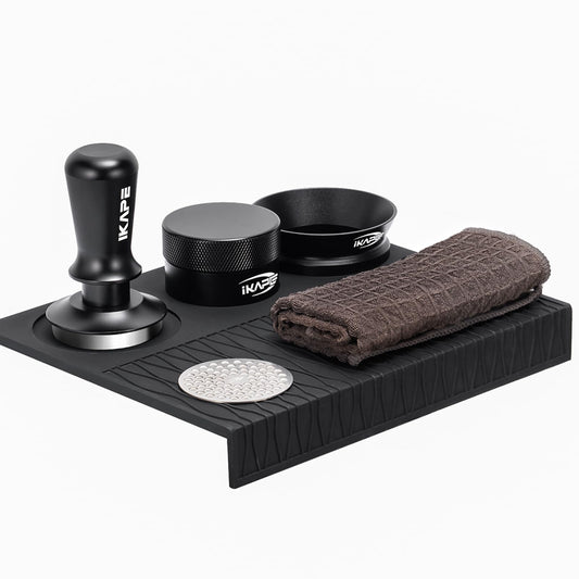 IKAPE 58MM Coffee Tamper Set Black 6 IN 1, Espresso Tool Kit for Making Perfect Shots – Tamper, Distributor, Funnel, Mat, Screen, and Towel