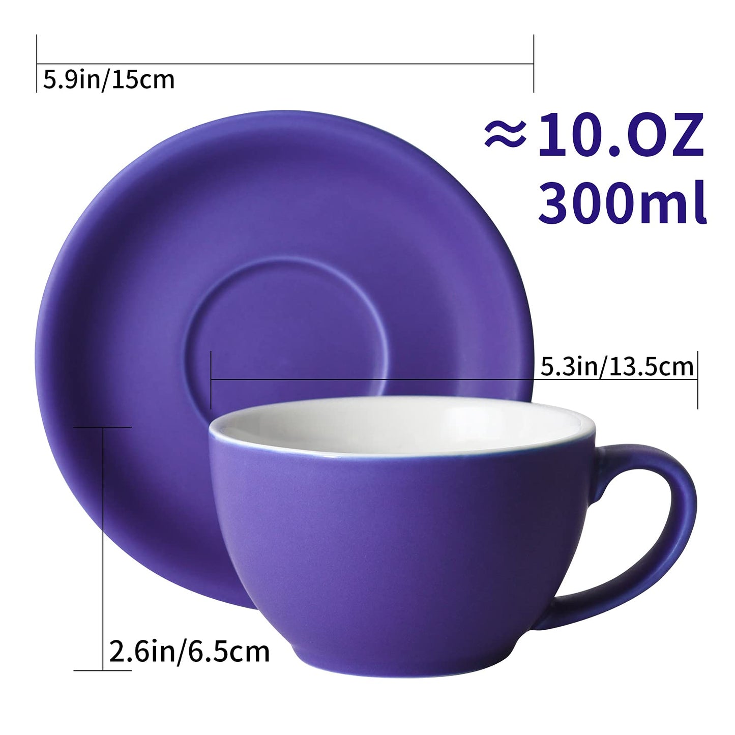 Yundu Ceramics Latte Cup and Saucer - 10 oz for Cappuccino,Tea,Cafe Mocha, Set of 4,Matte Mixed Color
