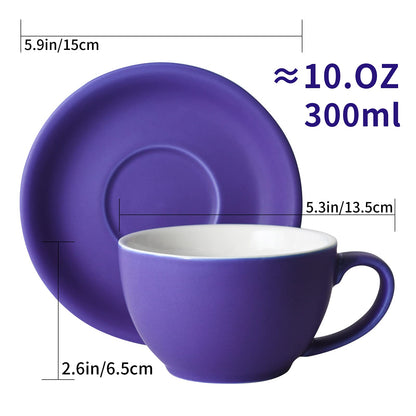 Yundu Ceramics Latte Cup and Saucer - 10 oz for Cappuccino,Tea,Cafe Mocha, Set of 4,Matte Mixed Color