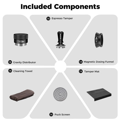 IKAPE 58MM Coffee Tamper Set Black 6 IN 1, Espresso Tool Kit for Making Perfect Shots – Tamper, Distributor, Funnel, Mat, Screen, and Towel