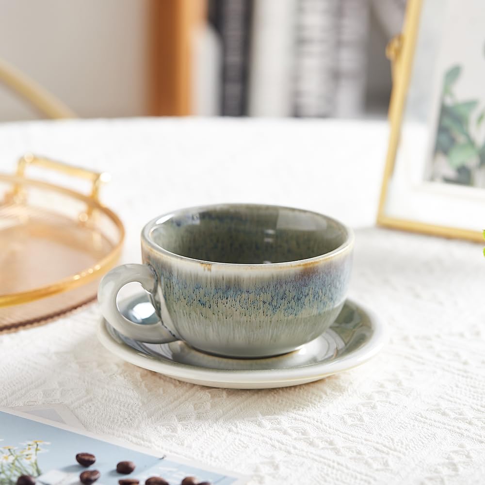Coffeezone Vintage Design 12 oz Ceramic Latte Art Cappuccino Barista Cup with Saucer (Space Grey)