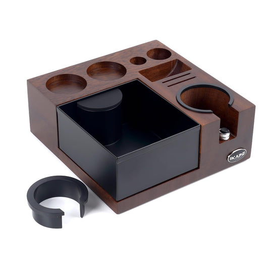 IKAPE V5 Espresso Knock Box, Espresso Coffee Organizer Box Fit for Storage 51, 54, 58MM Espresso Tamper, Distributor, Portafilter & Puck Screen Accessories, Natural Walnut Station Base(9 IN One)