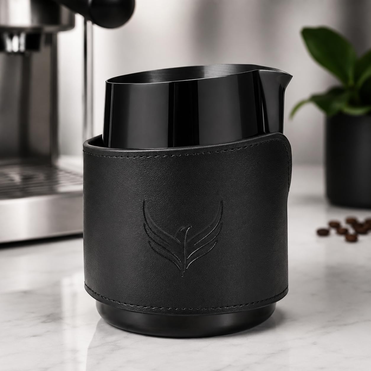 KNODOS Handleless Milk Frothing Pitcher 14oz – PVD Coated Stainless Steel Latte Art Pitcher with Real Leather Sleeve, Premium Espresso Coffee Steaming Cup (Black)