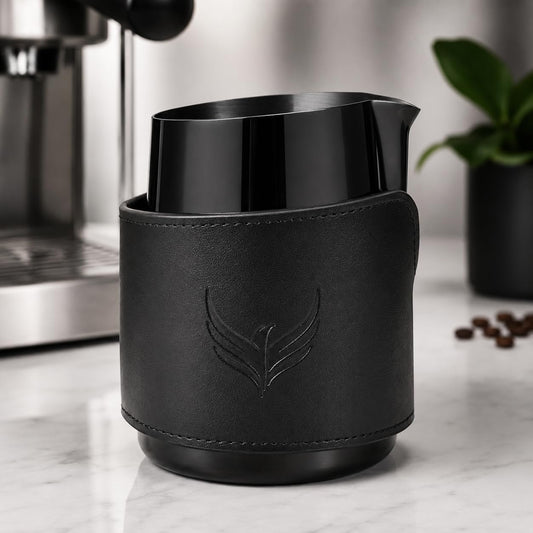 KNODOS Handleless Milk Frothing Pitcher 14oz – PVD Coated Stainless Steel Latte Art Pitcher with Real Leather Sleeve, Premium Espresso Coffee Steaming Cup (Black)