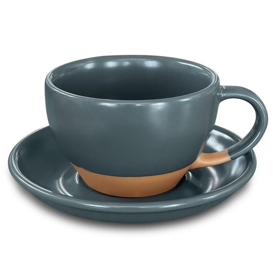MORA Ceramic Latte Art Mug With Saucer - 10.5 oz, Round Bottom For Perfect Pours - Cafe Cups for Cappuccino, Espresso, Coffee, Tea etc - Porcelain Set for Baristas, Great Gift - Shadow Grey