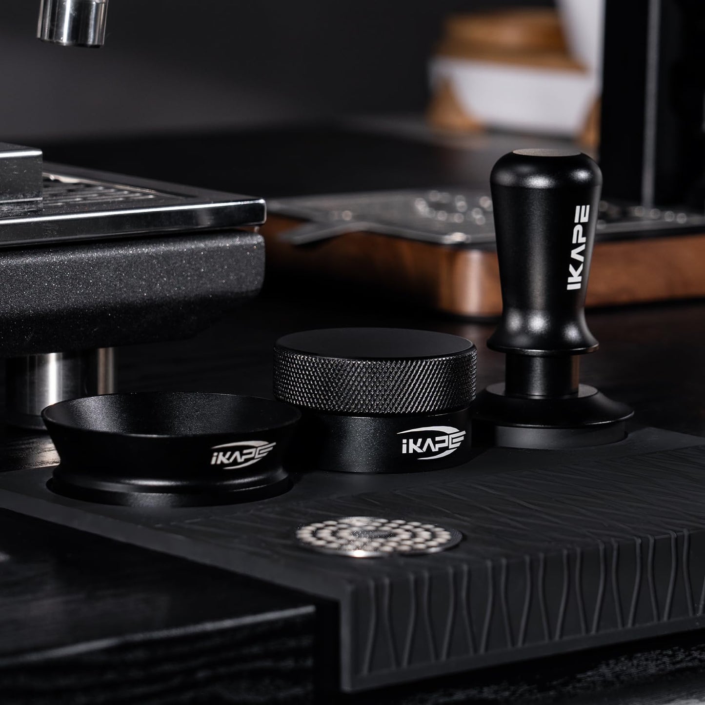 IKAPE 58MM Coffee Tamper Set Black 6 IN 1, Espresso Tool Kit for Making Perfect Shots – Tamper, Distributor, Funnel, Mat, Screen, and Towel