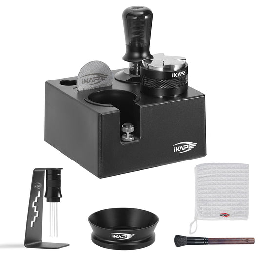 IKAPE 58mm Black Espresso Tool Set 8 IN 1, Coffee Tamper, Distributor, Magnetic Funnel, Puck Screen, Tamper Station, Stirrer Distribution Tool, Cleaning Towel and Brush