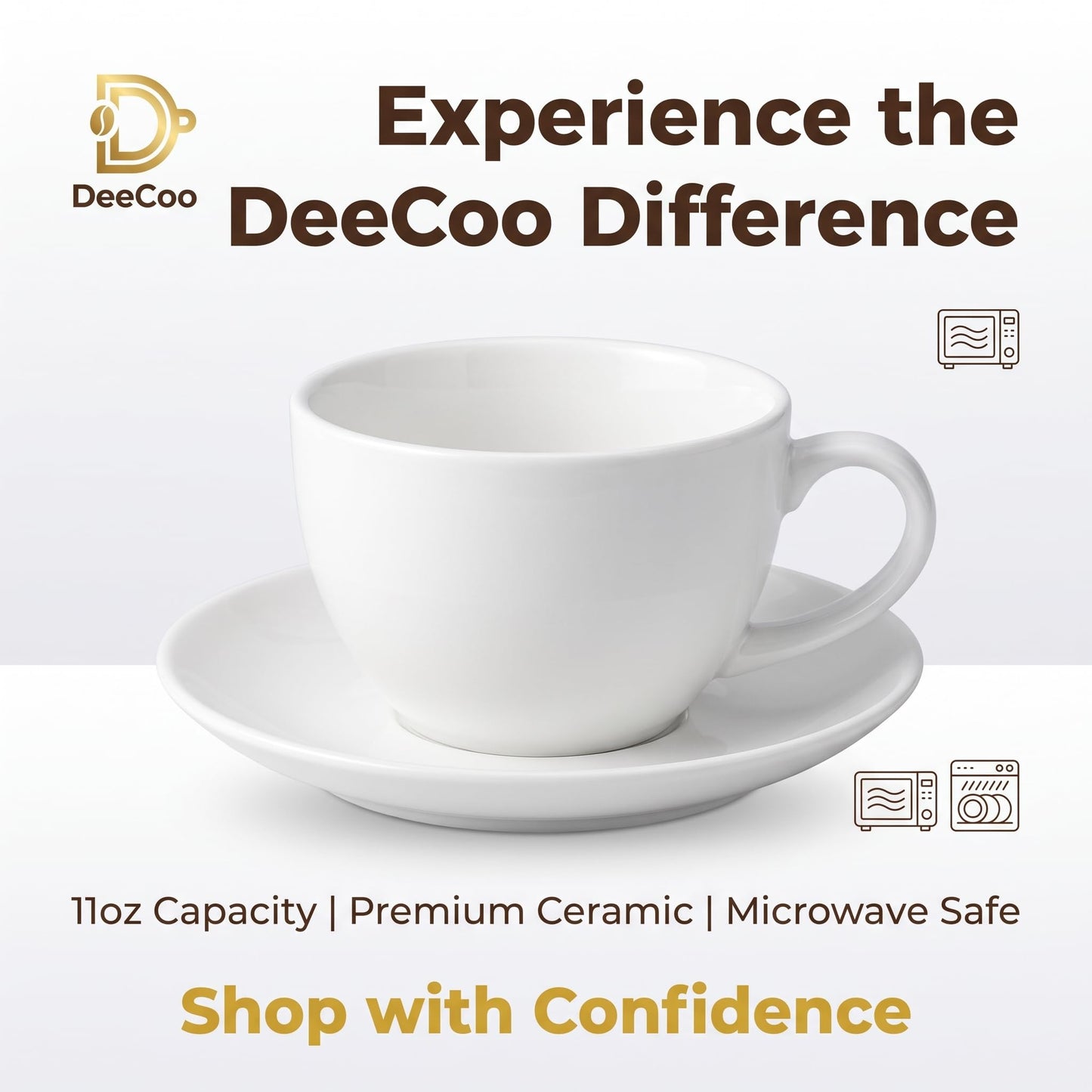 DeeCoo 11 oz White Cappuccino Mug- Large Ceramic Coffee Cup with Saucer - Microwave and Dishwasher Safe, Perfect For Tea, Espresso, Latte - Porcelain Set for Kitchen or Cafe, Baristas, Great Gift