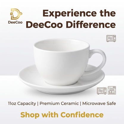 DeeCoo 11 oz White Cappuccino Mug- Large Ceramic Coffee Cup with Saucer - Microwave and Dishwasher Safe, Perfect For Tea, Espresso, Latte - Porcelain Set for Kitchen or Cafe, Baristas, Great Gift