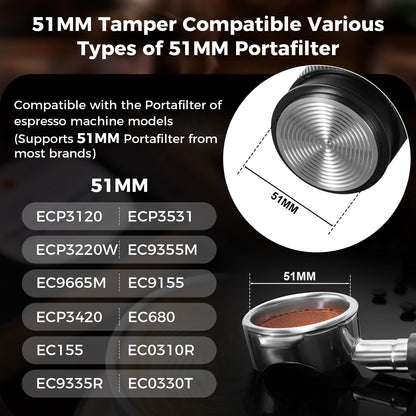 IKAPE 51mm Espresso Tamper, Premium Barista Coffee Calibrated Tamper with Spring Loaded, 100% Stainless Steel Tamper Compatible with All 51MM Bottomless Portafilter (Black)