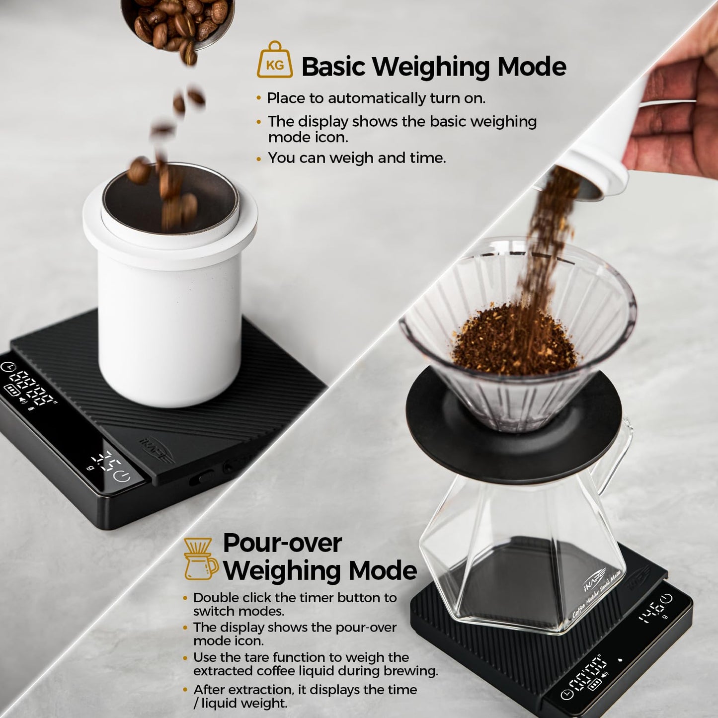 IKAPE Espresso Coffee Scale with Timer, 2kg/0.1g High Precision Digital Scale with Silicone Mat, 4 Modes in One, LED Display, Auto-Tare, for Kitchen, Cooking, Espresso, Pour Over Coffee