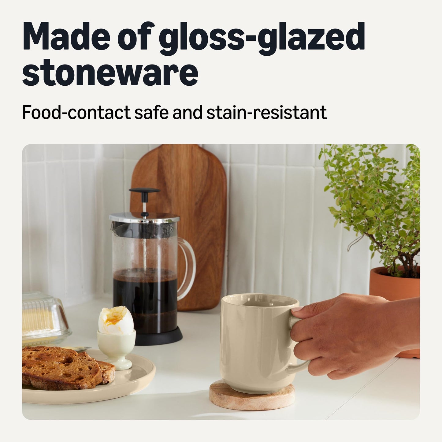 Amazon Basics Stoneware Coffee Mugs, 16 oz, 4-Piece Set, Gloss-Glazed, Stain-Resistant, Microwave, Freezer and Dishwasher-Safe, Linen Gray
