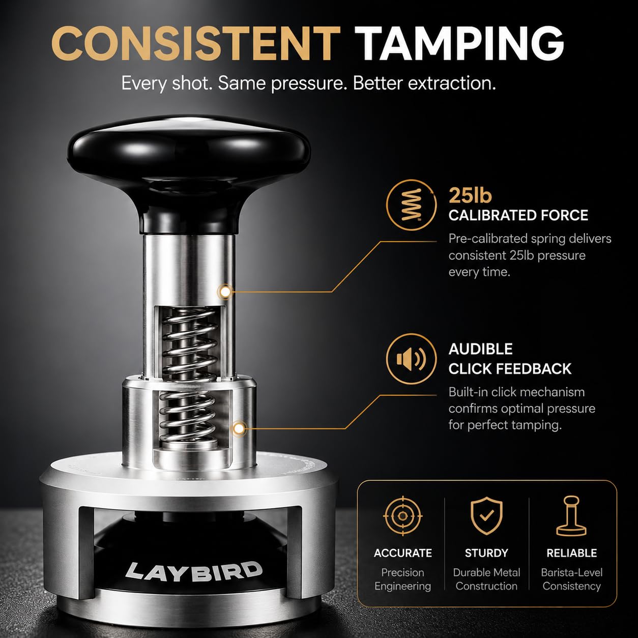 LAY BIRD TriPress Espresso Tamper 58mm, Spring Loaded Coffee Tamper for 58mm Portafilter Baskets, 25lb Constant Pressure Self Leveling Tamper Tool, Zero-Residue Threaded Base