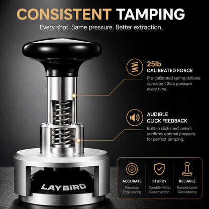 LAY BIRD TriPress Espresso Tamper 58mm, Spring Loaded Coffee Tamper for 58mm Portafilter Baskets, 25lb Constant Pressure Self Leveling Tamper Tool, Zero-Residue Threaded Base