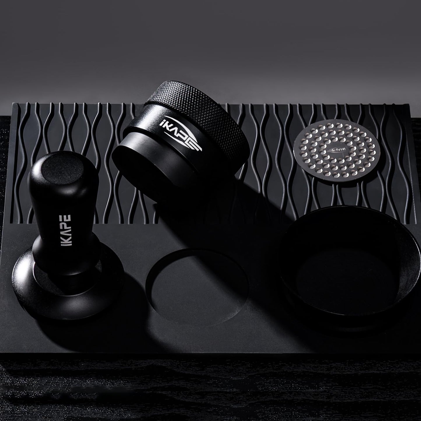 IKAPE 58MM Coffee Tamper Set Black 6 IN 1, Espresso Tool Kit for Making Perfect Shots – Tamper, Distributor, Funnel, Mat, Screen, and Towel