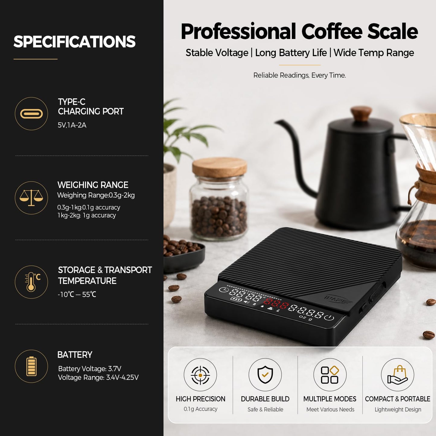 IKAPE Espresso Coffee Scale with Timer, 2kg/0.1g High Precision Digital Scale with Silicone Mat, 4 Modes in One, LED Display, Auto-Tare, for Kitchen, Cooking, Espresso, Pour Over Coffee