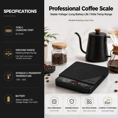 IKAPE Espresso Coffee Scale with Timer, 2kg/0.1g High Precision Digital Scale with Silicone Mat, 4 Modes in One, LED Display, Auto-Tare, for Kitchen, Cooking, Espresso, Pour Over Coffee