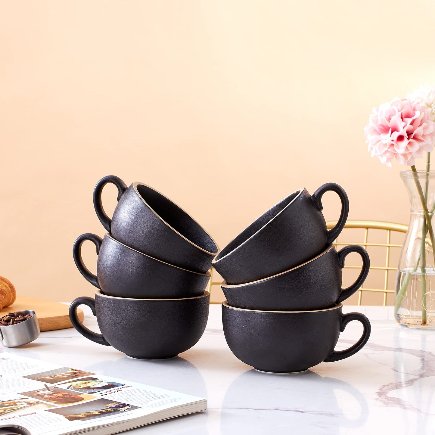 Coffeezone Set of 6 Cups Vintage Design 12 oz Professional Barista Ceramic Latte Art Cappuccino Cups Set (Rough Black * 6)