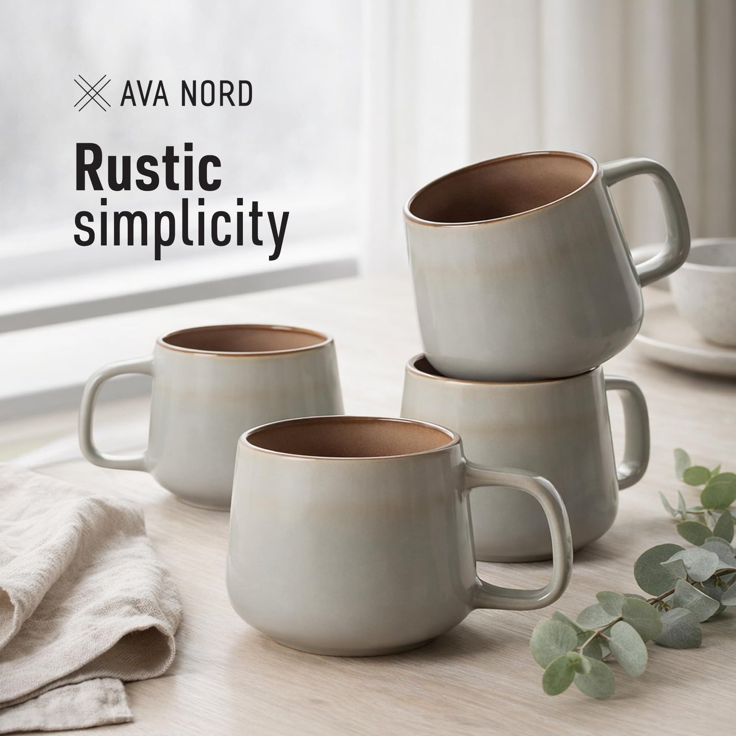 Ava Nord Large Stoneware Ceramic Coffee Mugs Set of 4-16 oz - Sage Ash