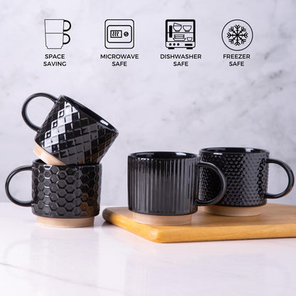 GBhome 12 OZ Stackable Coffee Mugs Set of 6, Ceramic Black Coffee Cups Set