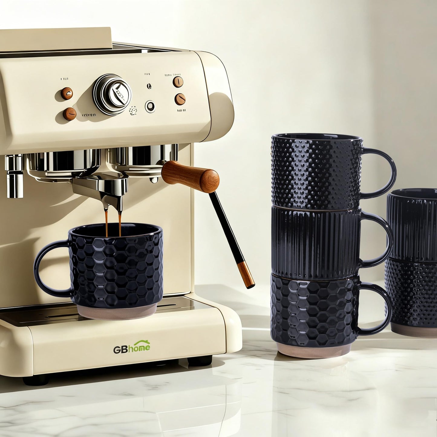 GBhome 12 OZ Stackable Coffee Mugs Set of 6, Ceramic Black Coffee Cups Set