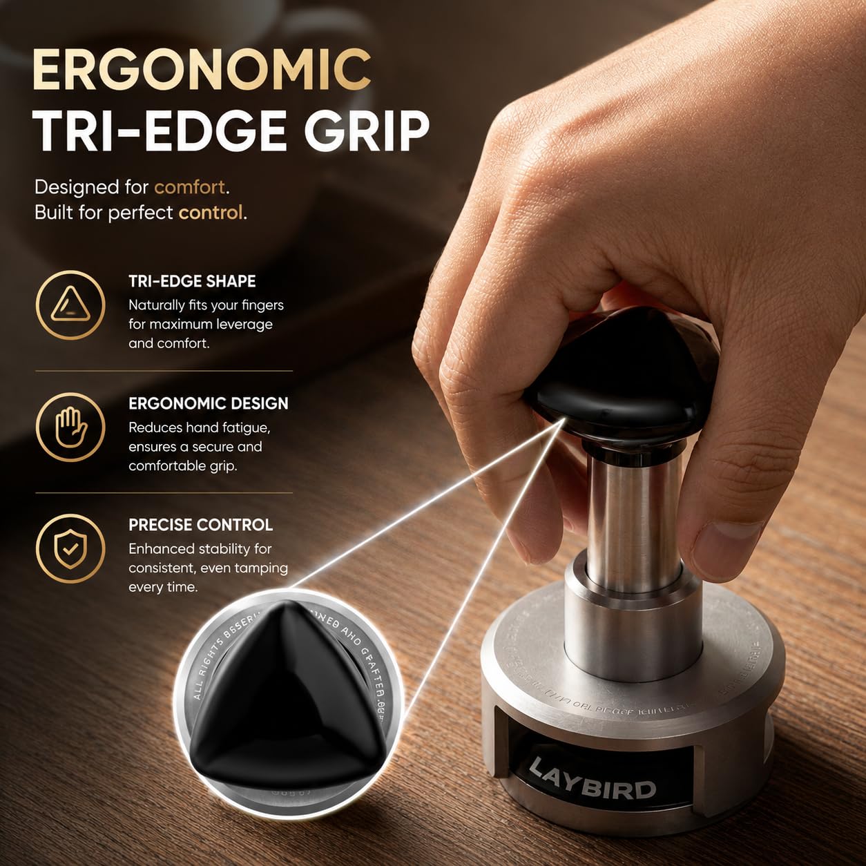 LAY BIRD TriPress Espresso Tamper 58mm, Spring Loaded Coffee Tamper for 58mm Portafilter Baskets, 25lb Constant Pressure Self Leveling Tamper Tool, Zero-Residue Threaded Base