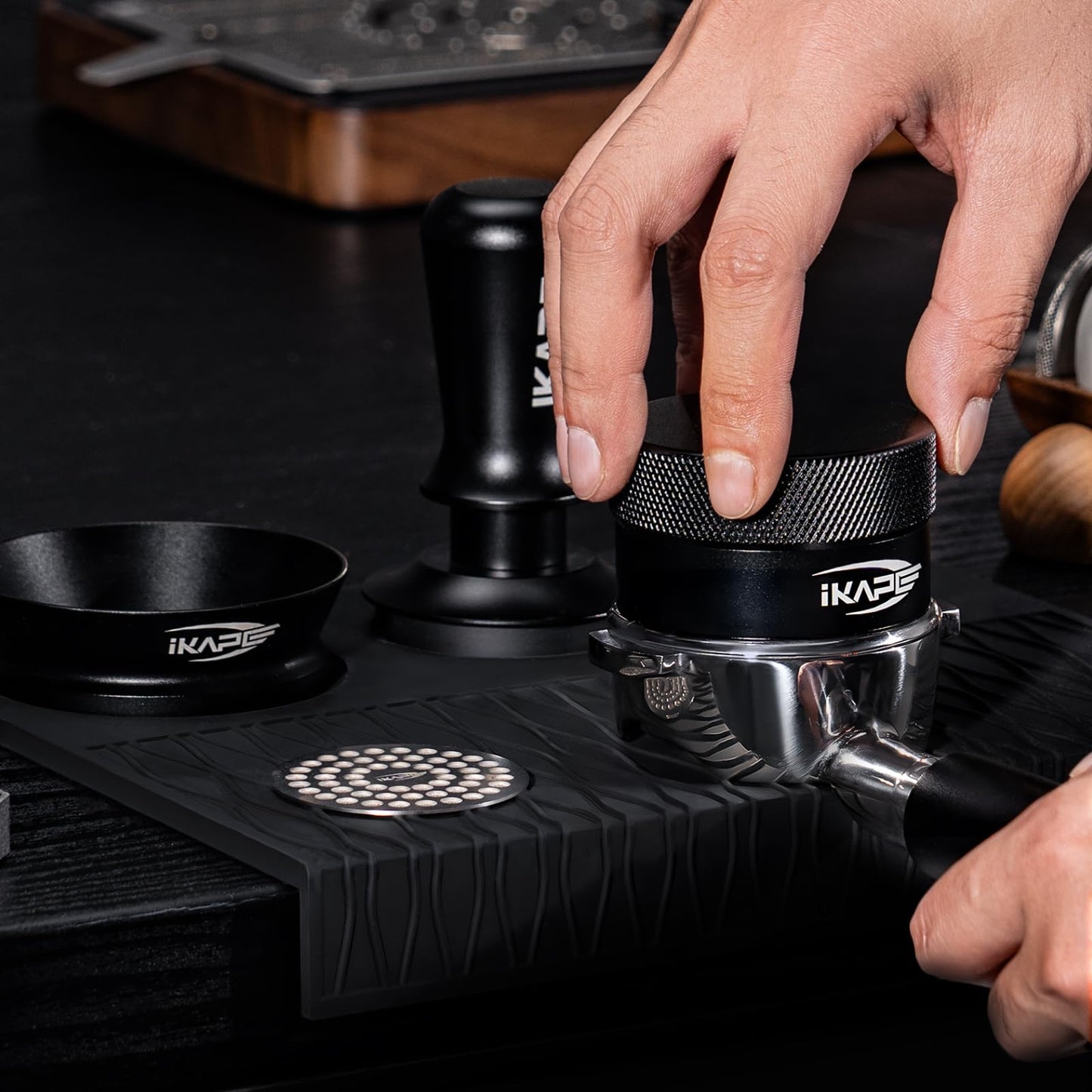 IKAPE 58MM Coffee Tamper Set Black 6 IN 1, Espresso Tool Kit for Making Perfect Shots – Tamper, Distributor, Funnel, Mat, Screen, and Towel