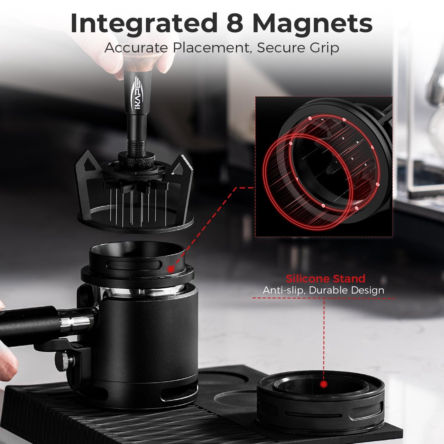 IKAPE Espresso Coffee V3 WDT Tool, 54mm Stirrer Distribution Tool, Equipped with 10-needle Stirrer, Adjustable Needle Height, Coffee Stirrer with Dosing Funnel & Stand