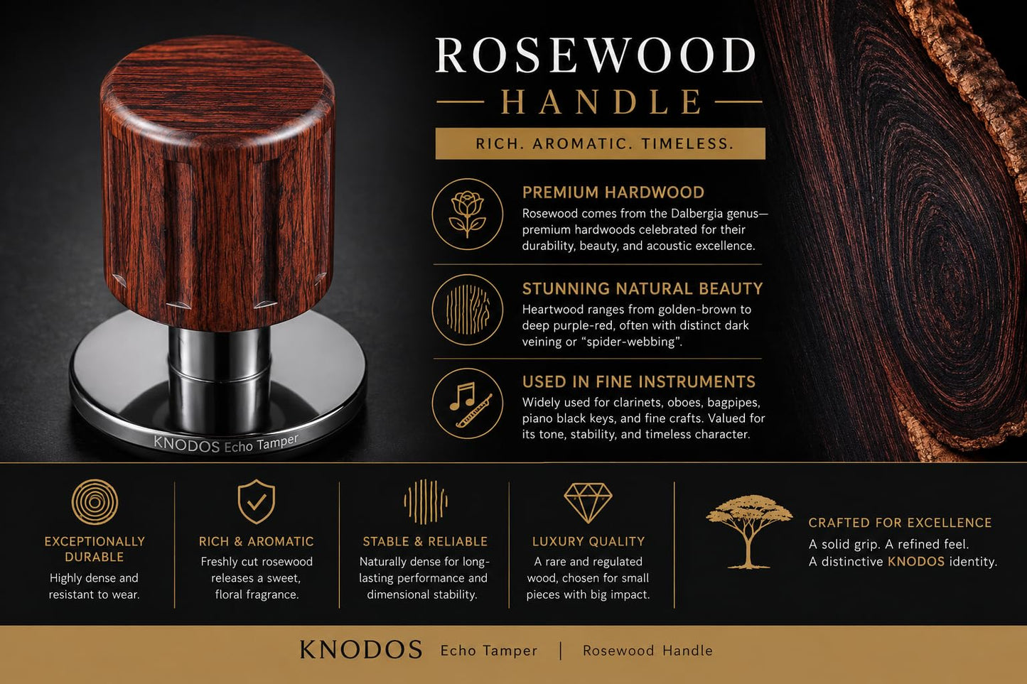 KNODOS 58.5mm Coffee Tamper with Rosewood Handle – Spring Loaded Echo Espresso Tamper, 30lb Spring & Click for 58.5mm Baskets