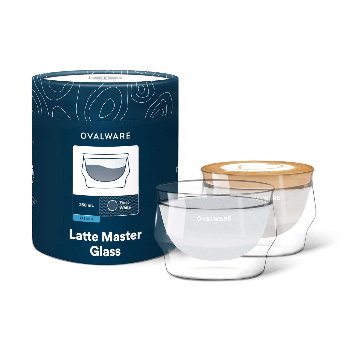 ovalware 8.5oz Double Wall Latte Cups, Latte Set of 2 - Latte Glasses for Cold & Hot Drink, Palm-Sized Cups with Wide Rim for Artistic Designs - Frost White