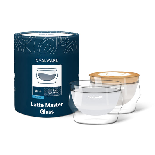 ovalware 8.5oz Double Wall Latte Cups, Latte Set of 2 - Latte Glasses for Cold & Hot Drink, Palm-Sized Cups with Wide Rim for Artistic Designs - Frost White