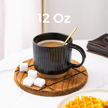 GBhome 12 OZ Stackable Coffee Mugs Set of 6, Ceramic Black Coffee Cups Set