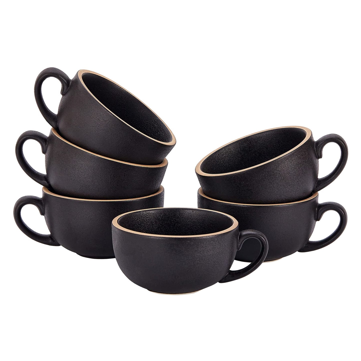 Coffeezone Set of 6 Cups Vintage Design 12 oz Professional Barista Ceramic Latte Art Cappuccino Cups Set (Rough Black * 6)