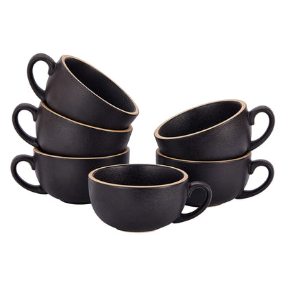 Coffeezone Set of 6 Cups Vintage Design 12 oz Professional Barista Ceramic Latte Art Cappuccino Cups Set (Rough Black * 6)