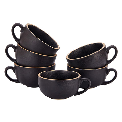 Coffeezone Set of 6 Cups Vintage Design 12 oz Professional Barista Ceramic Latte Art Cappuccino Cups Set (Rough Black * 6)