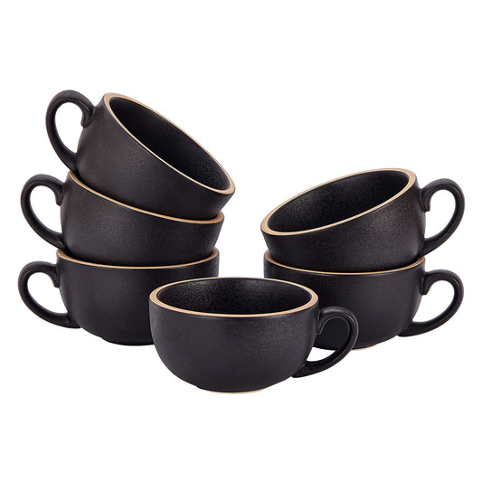 Coffeezone Set of 6 Cups Vintage Design 12 oz Professional Barista Ceramic Latte Art Cappuccino Cups Set (Rough Black * 6)