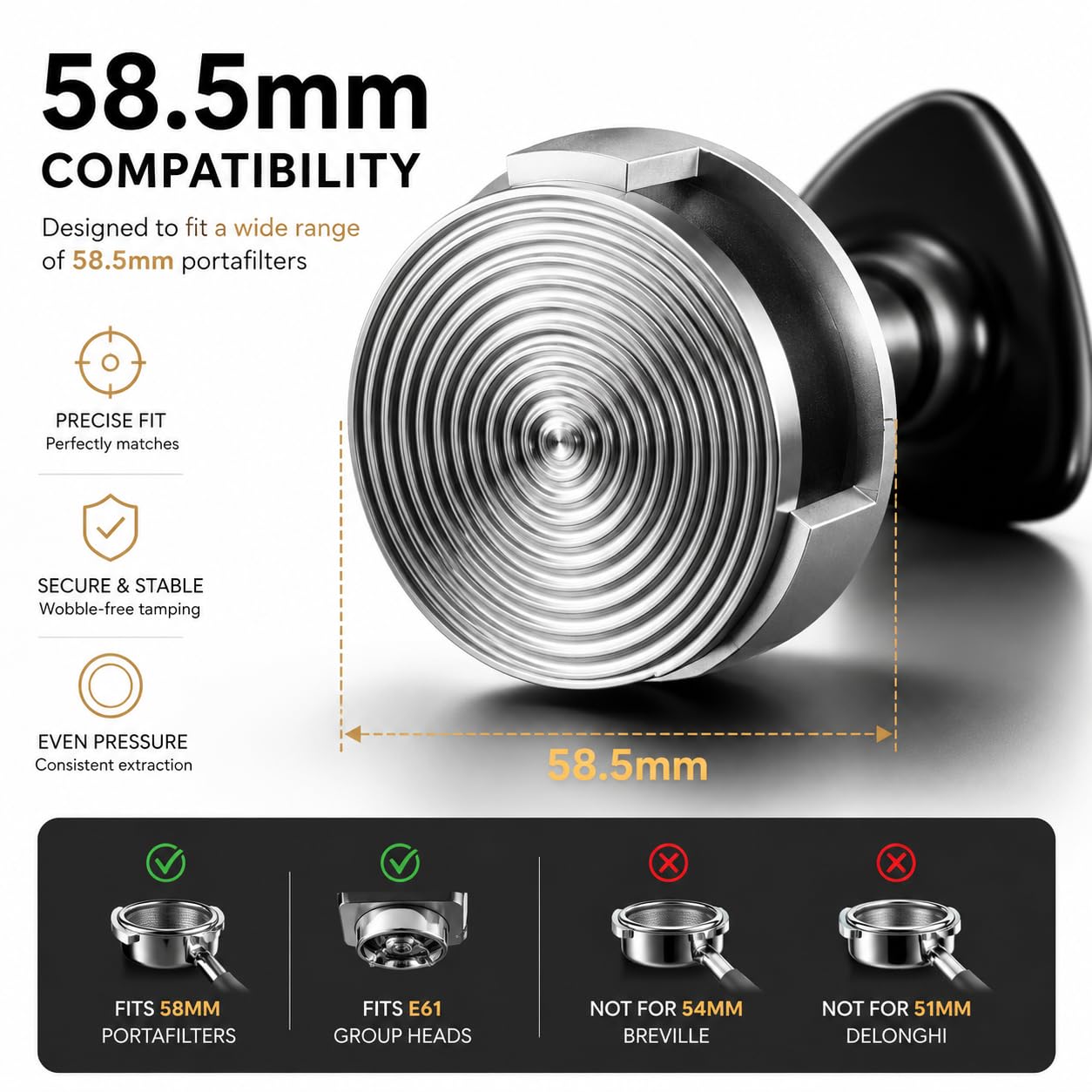 LAY BIRD TriPress Espresso Tamper 58mm, Spring Loaded Coffee Tamper for 58mm Portafilter Baskets, 25lb Constant Pressure Self Leveling Tamper Tool, Zero-Residue Threaded Base