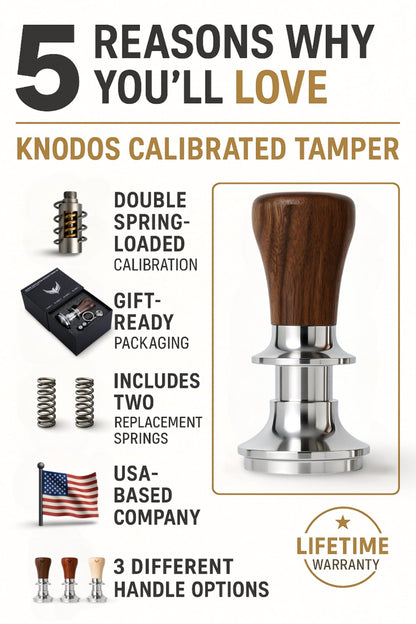 KNODOS 54mm Espresso Tamper For Breville Machines Calibrated Tamper Tool Espresso Walnut, Self Leveling and 30lb Spring Loaded Design Coffee Tamper With Stainless Steel 53.35mm Ripple Base