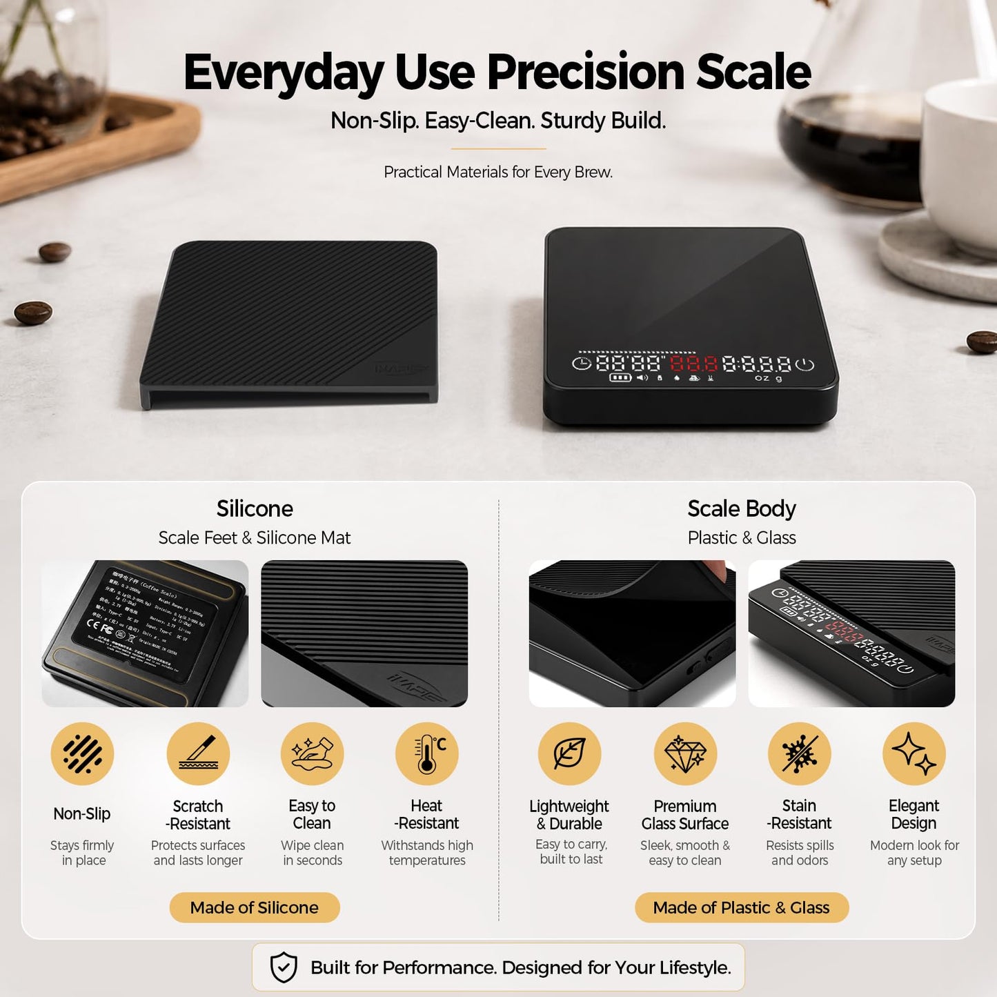 IKAPE Espresso Coffee Scale with Timer, 2kg/0.1g High Precision Digital Scale with Silicone Mat, 4 Modes in One, LED Display, Auto-Tare, for Kitchen, Cooking, Espresso, Pour Over Coffee