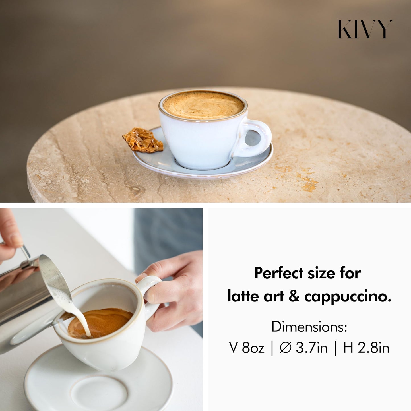 KIVY Cappuccino cups set of 4 [8oz] - Thick-walled stoneware cappuccino cup set for latte art - Cappuccino coffee cups - Tazas de cafe - Latte cups - Latte art cup and saucer set of 4 - Green, Blue